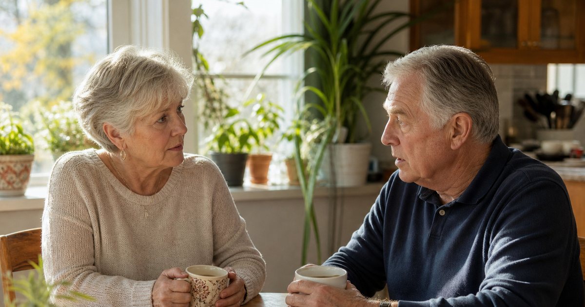 An older couple sitting at a sunlit kitchen table with mugs of tea and a cordless phone between them, houseplants on the windowsill, warm late afternoon light