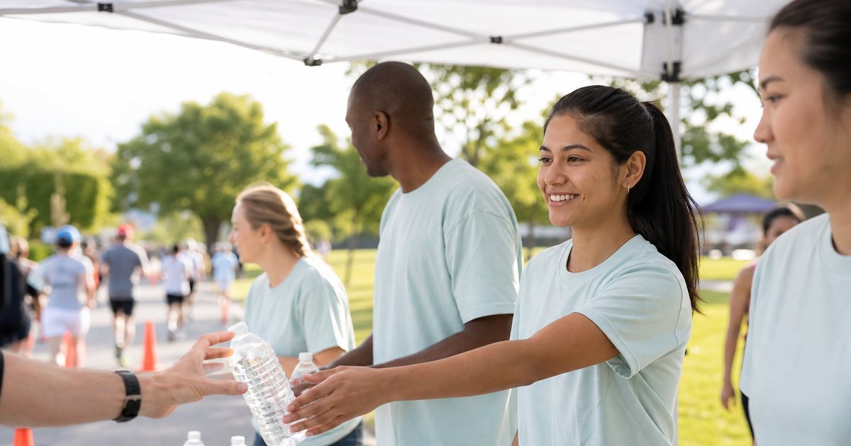 Volunteers in plain matching t-shirts handing out water bottles at a folding table under a white pop-up canopy at an outdoor community race, orange cones and a grassy park behind them, bright morning sunlight