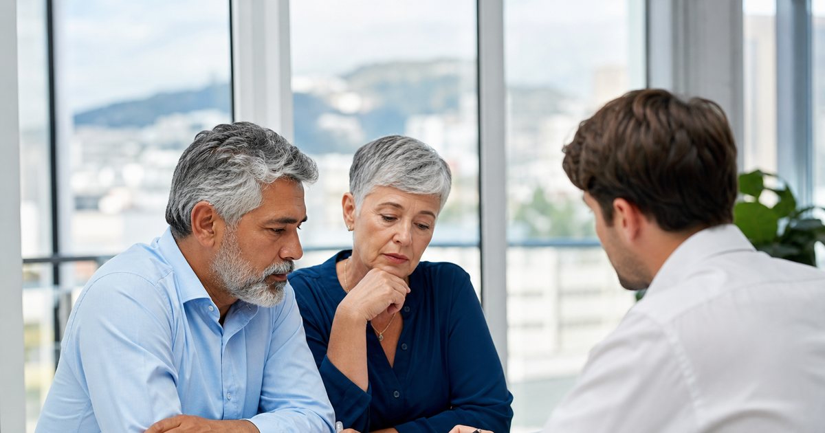 Mature couple sitting with a financial advisor at a bright office table with papers and a pen, large window with city view behind them