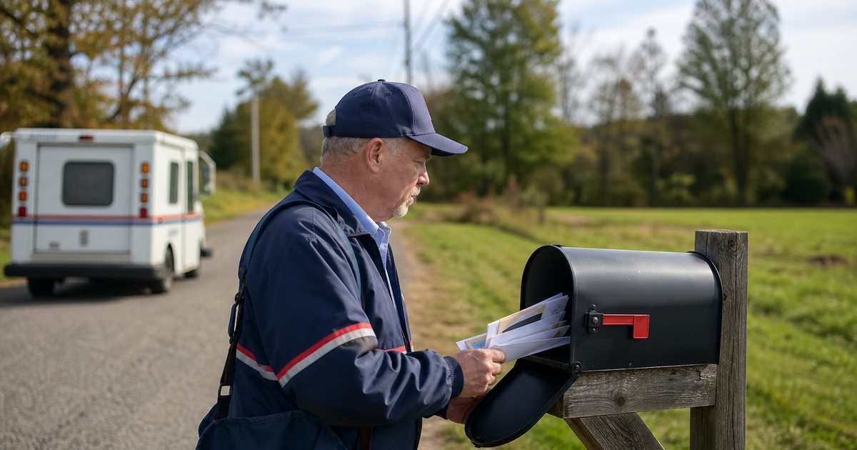 Rural mail carrier placing envelopes into a roadside mailbox on a quiet street, morning light, mail truck in the background