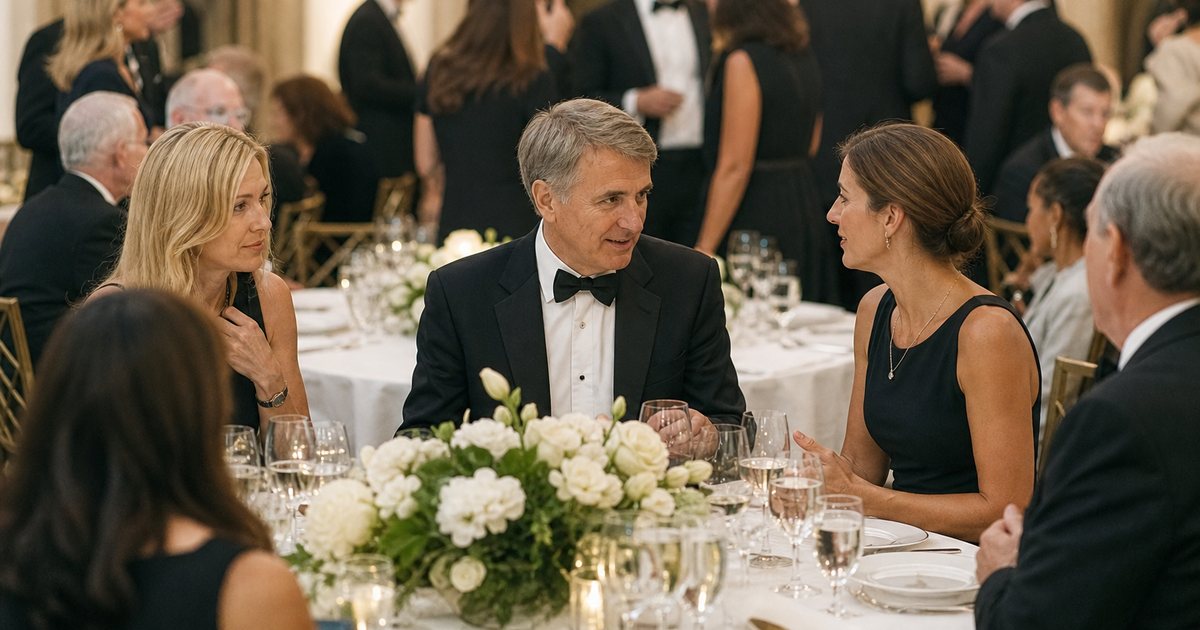 Elegant hotel ballroom set for a charity gala dinner, round tables with white linens and floral centerpieces, guests in evening wear mingling, warm chandelier light