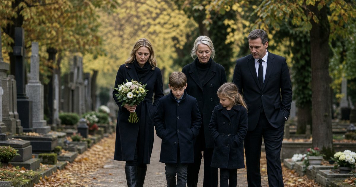 A quiet cemetery path in autumn with a family walking together under trees, a small bouquet of flowers held by one person, soft overcast light