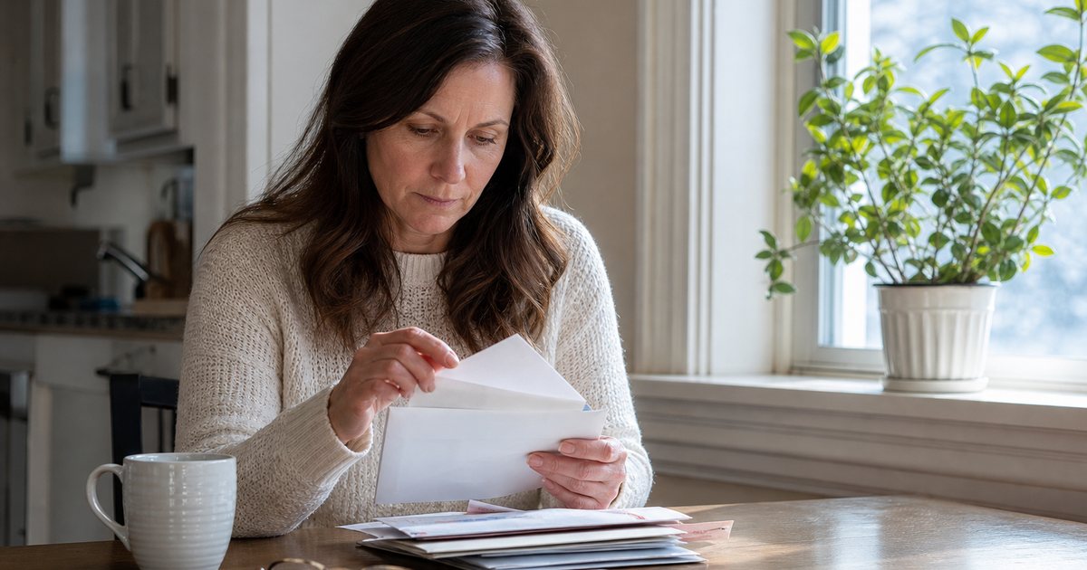 A woman at a sunny kitchen table opening a letter from a stack of mail, coffee mug and reading glasses beside her, houseplant on the windowsill