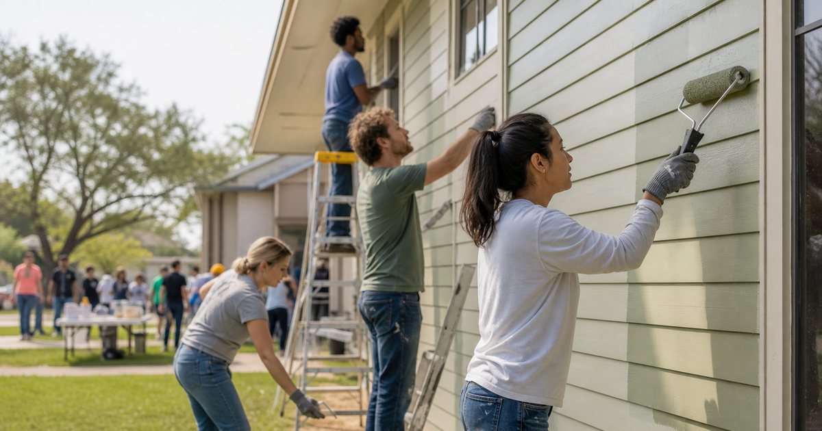 Volunteers in work gloves painting the exterior of a community center on a sunny morning, ladders and paint cans on the lawn, diverse group of adults